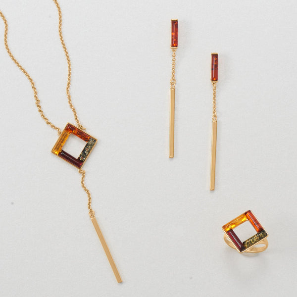 24 Karat Gold Plated Square Multi Color Baltic Amber Ring