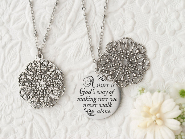 A sister is God's way of making sure we never walk alone - Silver Quote Pendant Necklace