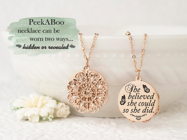 She believed she could so she did - Rose Gold Quote Pendant Necklace