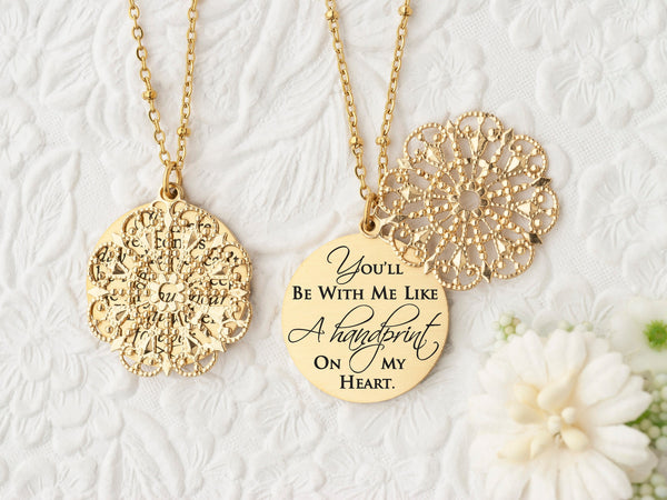 You'll Be With Me Like a Handprint on My Heart - Rose Gold Quote Pendant Necklace