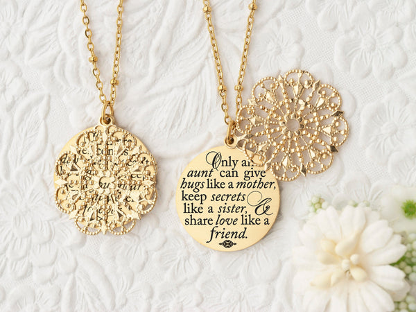 Only an aunt can give hugs like a mother, keep secrets like a sister, & share love like a friend - Rose Gold Quote Pendant Necklace