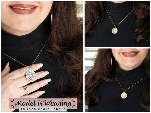 Model Wearing Silver Quote Pendant Necklace