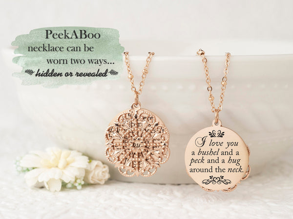 I love you a bushel and a peck and a hug around the neck - Gold Quote Pendant Necklace