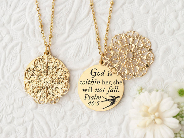 God is within her she will not fall. -Psalm 46:5 - Rose Gold Quote Pendant Necklace