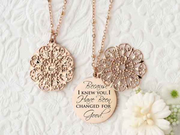 Because I knew you, I have been changed for good - Rose Gold Quote Pendant Necklace