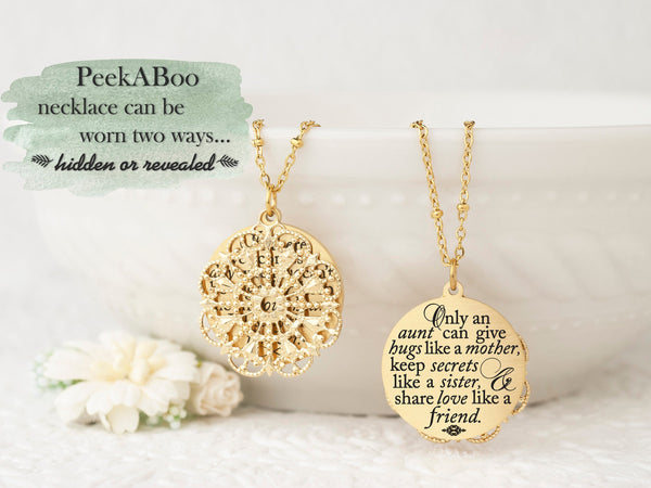 Only an aunt can give hugs like a mother, keep secrets like a sister, & share love like a friend - Rose Gold Quote Pendant Necklace