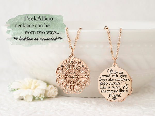 Only an aunt can give hugs like a mother, keep secrets like a sister, & share love like a friend - Gold Quote Pendant Necklace