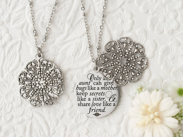 Only an aunt can give hugs like a mother, keep secrets like a sister, & share love like a friend - Silver Quote Pendant Necklace