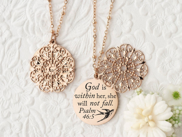 God is within her she will not fall. -Psalm 46:5 - Gold Quote Pendant Necklace
