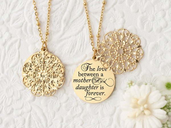 The love between a mother and daughter is forever - Rose Gold Quote Pendant Necklace