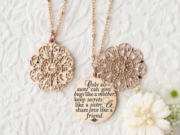 Only an aunt can give hugs like a mother, keep secrets like a sister, & share love like a friend - Gold Quote Pendant Necklace
