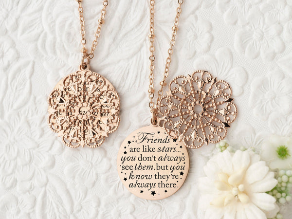 Friends are like stars... you don't always see them, but you know they're always there - Rose Gold Quote Pendant Necklace