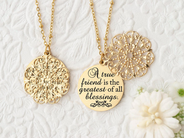 A true friend is the greatest of all blessings - Rose Gold Quote Pendant Necklace