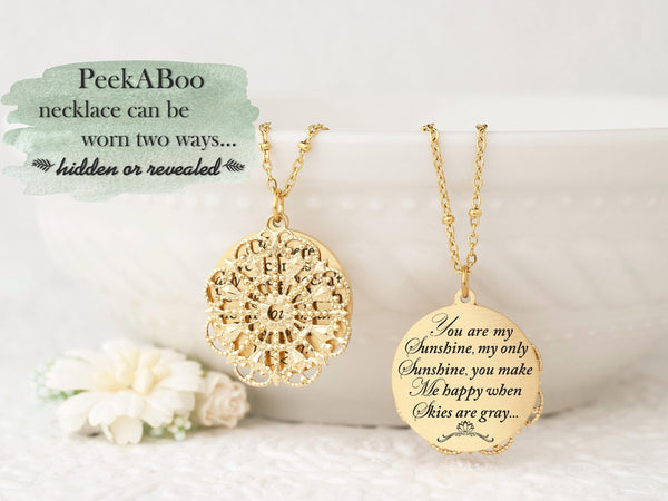 You are my sunshine, my only sunshine, you make me happy when skies are gray - Gold Quote Pendant Necklace