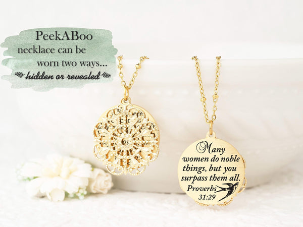Many women do noble things, but you surpass them all. Proverbs 31:29 - Rose Gold Quote Pendant Necklace