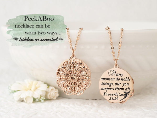 Many women do noble things, but you surpass them all. Proverbs 31:29 - Gold Quote Pendant Necklace