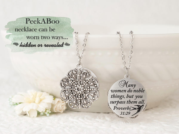 Many women do noble things, but you surpass them all. Proverbs 31:29 - Silver Quote Pendant Necklace