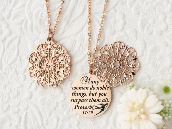 Many women do noble things, but you surpass them all. Proverbs 31:29 - Gold Quote Pendant Necklace